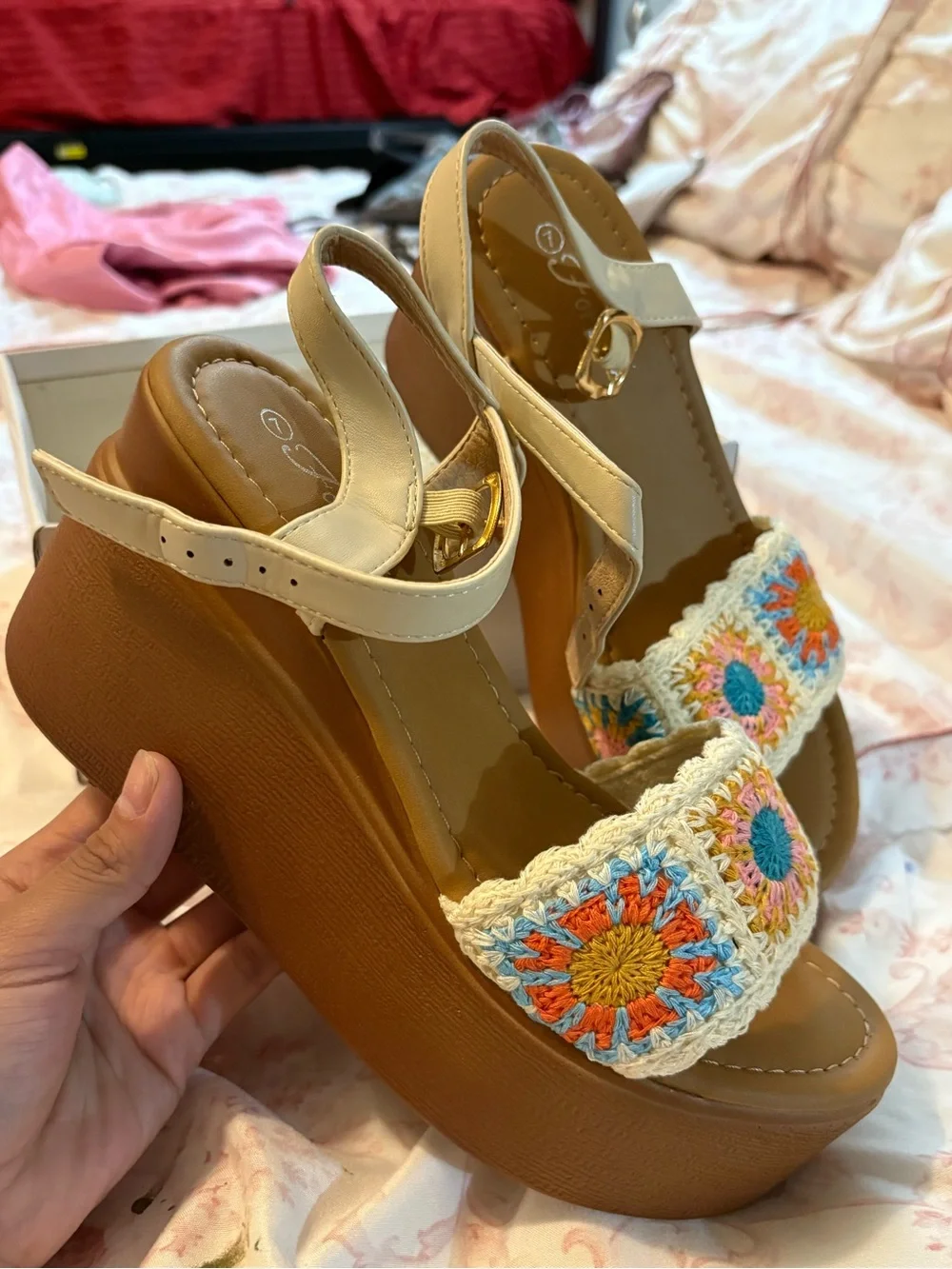 Women’s Cream Crochet Platform Wedge Sandals